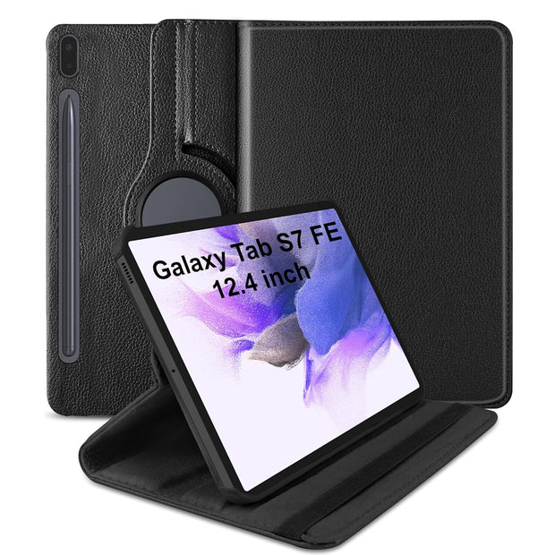 Samsung Galaxy Tab S7 FE 12.4 inch Leather Stand Smart Case Cover 360° MultiAngle Rotatable Case Cover, Black