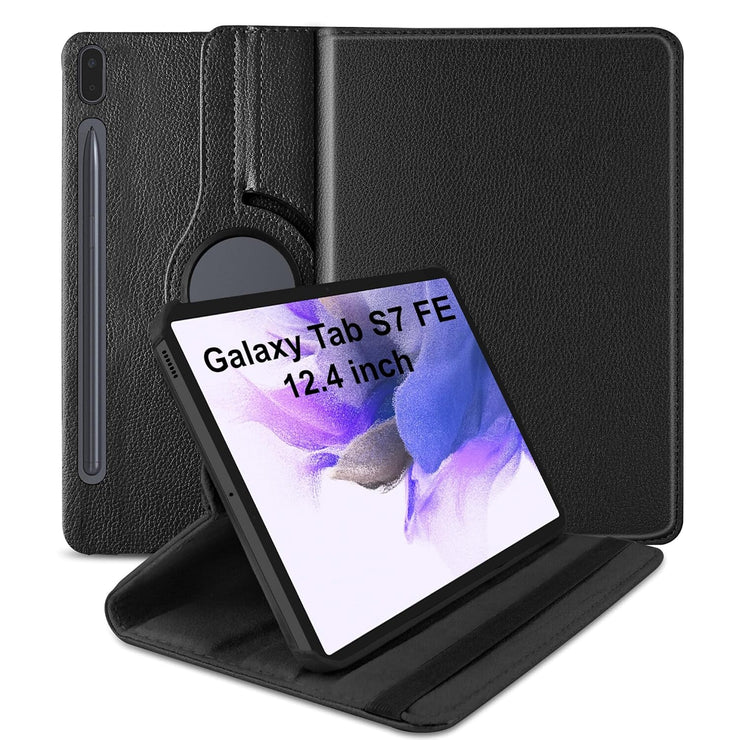 Samsung Galaxy Tab S7 FE 12.4 inch Leather Stand Smart Case Cover 360° MultiAngle Rotatable Case Cover, Black