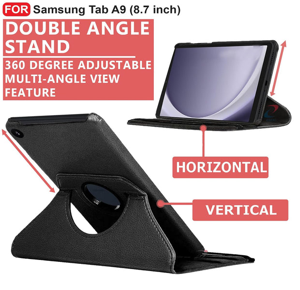 Samsung Tab A9 (8.7 inch) Leather Stand Smart Case Cover 360° MultiAngle Rotatable Case Cover, Black