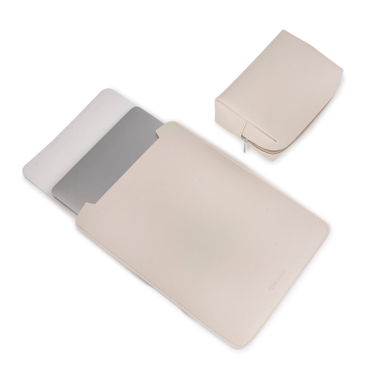 13" Vegan Leather Laptop Sleeve With Pouch (Beige)