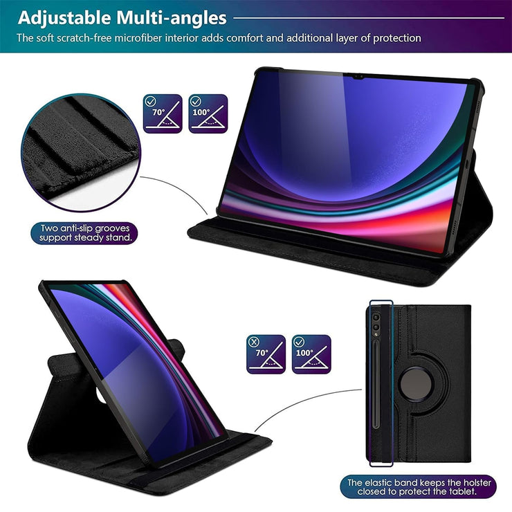 Samsung Galaxy Tab S9 Ultra Case 14.6 Inch 2023 (SM-X91) / Galaxy Tab S8 Ultra Leather Stand Smart Case Cover 360° MultiAngle Rotatable Case Cover, Black