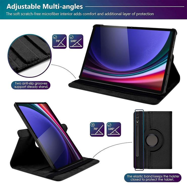Samsung Galaxy Tab S9+ 12.4 inch Leather Stand Smart Case Cover 360° MultiAngle Rotatable Case Cover, Black