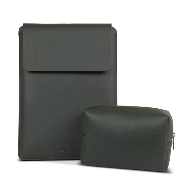 13" Vegan Leather Laptop Sleeve With Pouch (Dark Olive Green) - Enthopia
