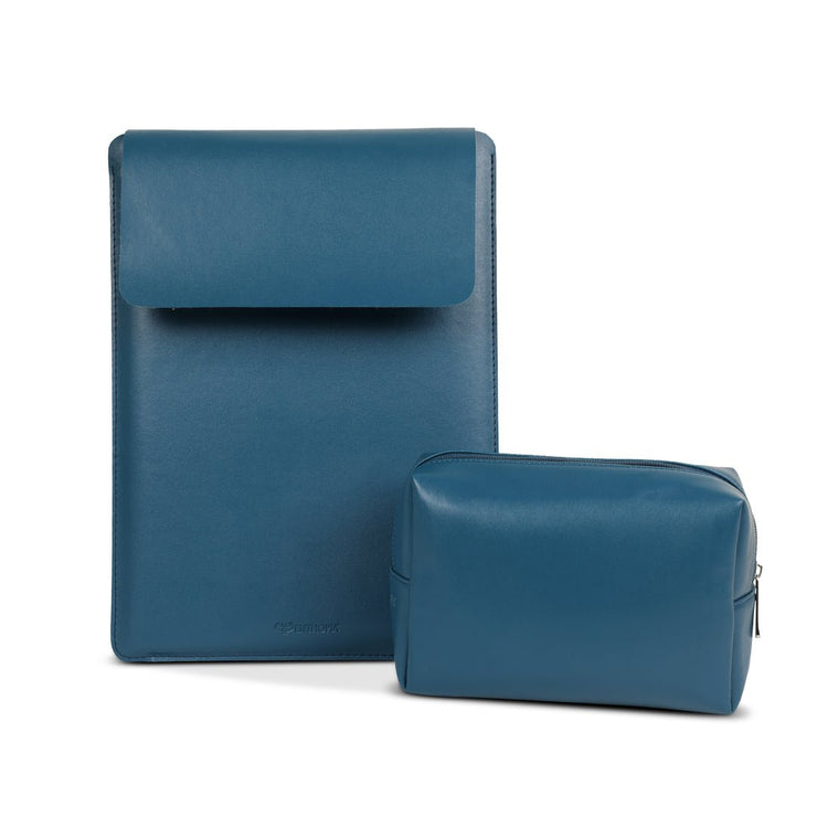 13" Vegan Leather Laptop Sleeve With Pouch (Deep Sea Blue) - Enthopia