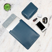 13" Vegan Leather Laptop Sleeve With Pouch (Deep Sea Blue) - Enthopia