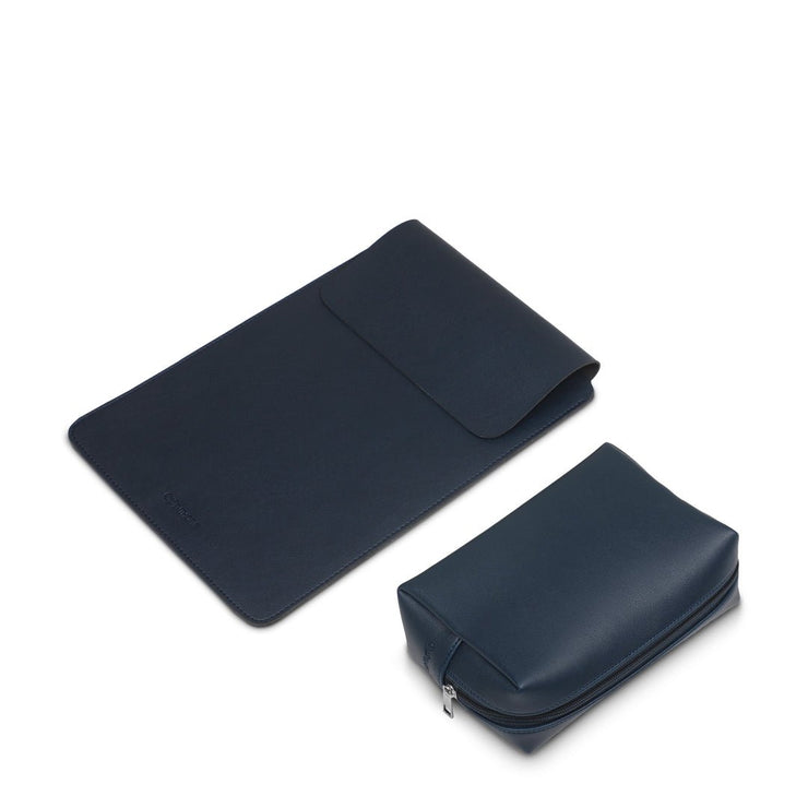 13" Vegan Leather Laptop Sleeve With Pouch (Navy Blue) - Enthopia