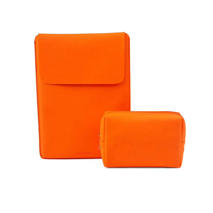 13" Vegan Leather Laptop Sleeve With Pouch (Neon Orange) - Enthopia