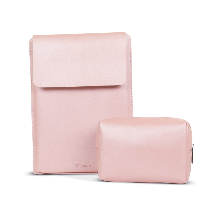 13" Vegan Leather Laptop Sleeve With Pouch (Shimmering Pink) - Enthopia