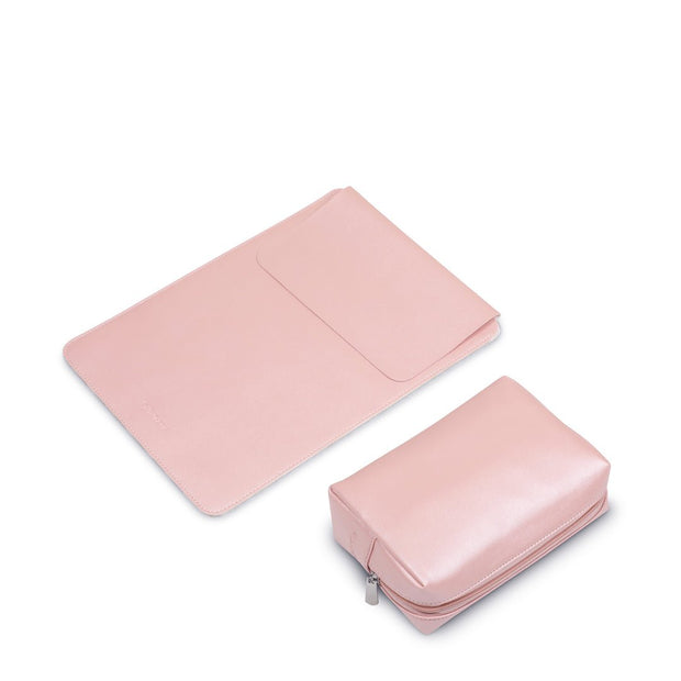 13" Vegan Leather Laptop Sleeve With Pouch (Shimmering Pink) - Enthopia