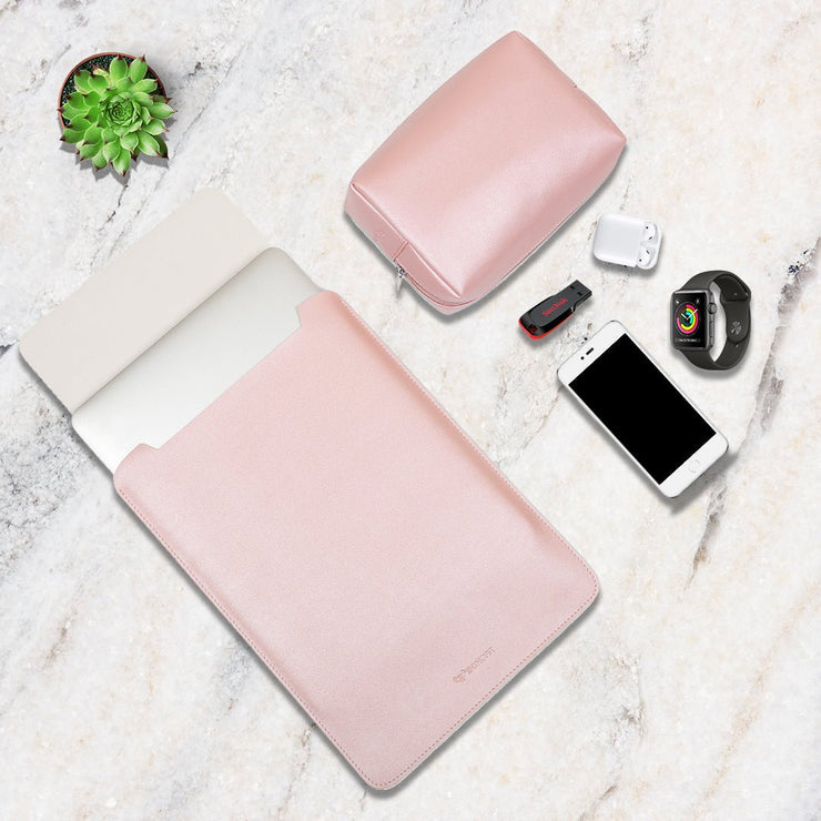 13" Vegan Leather Laptop Sleeve With Pouch (Shimmering Pink) - Enthopia