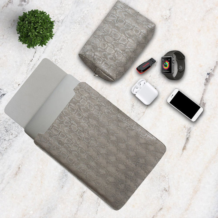 13" Vegan Leather Laptop Sleeve With Pouch (Snake Grey) - Enthopia