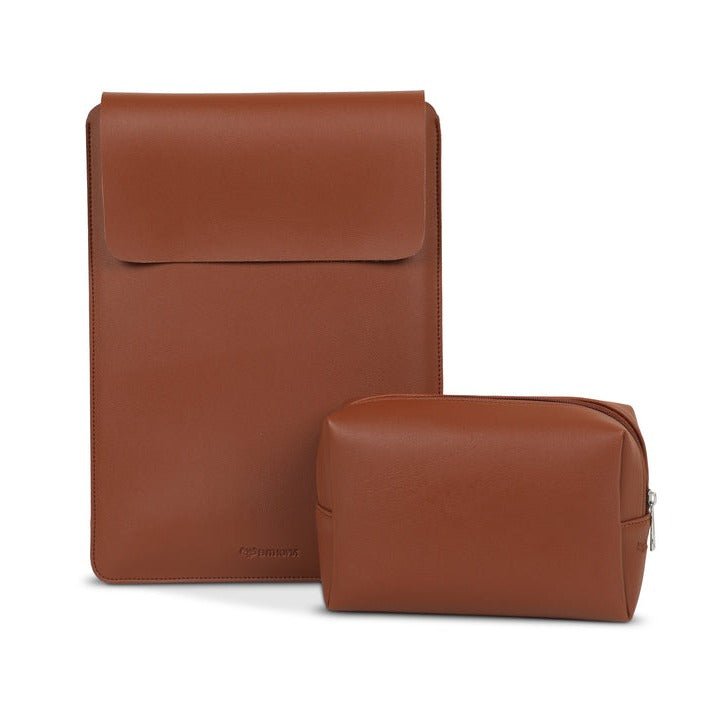 13" Vegan Leather Laptop Sleeve With Pouch (Tan) - Enthopia