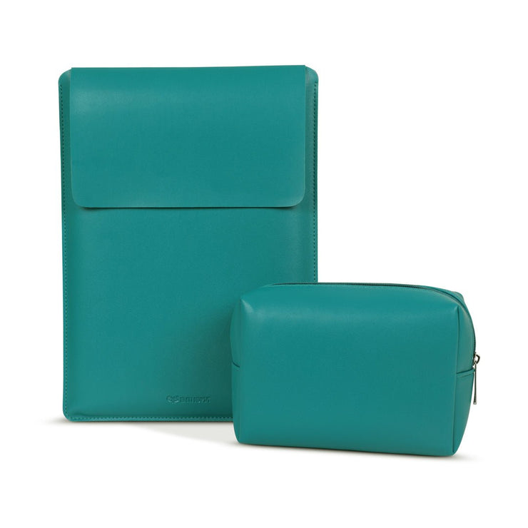 13" Vegan Leather Laptop Sleeve With Pouch (Teal) - Enthopia