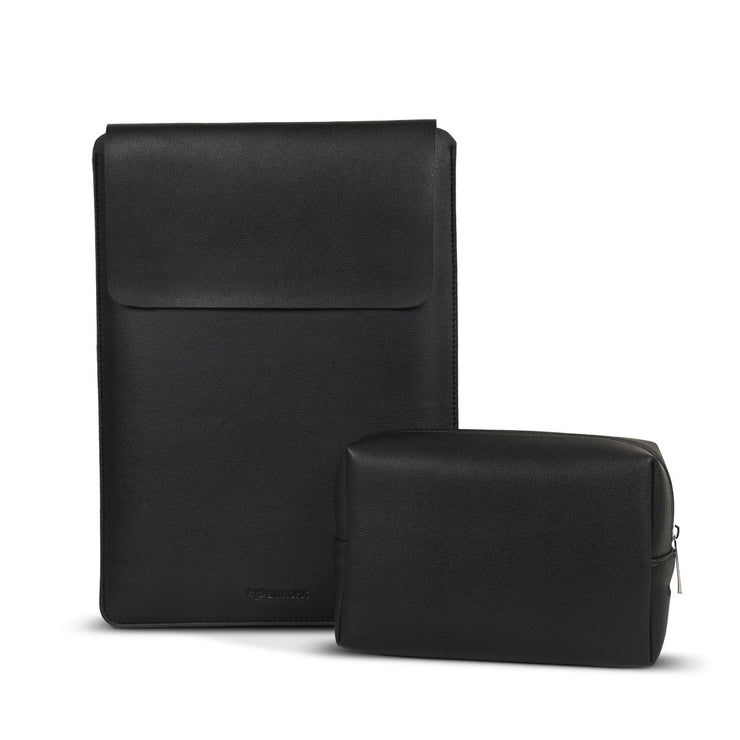 14" Vegan Leather Laptop Sleeve With Pouch (Black) - Enthopia