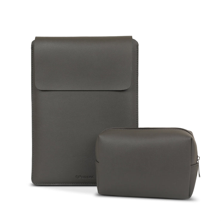 14" Vegan Leather Laptop Sleeve With Pouch (Dark Grey) - Enthopia