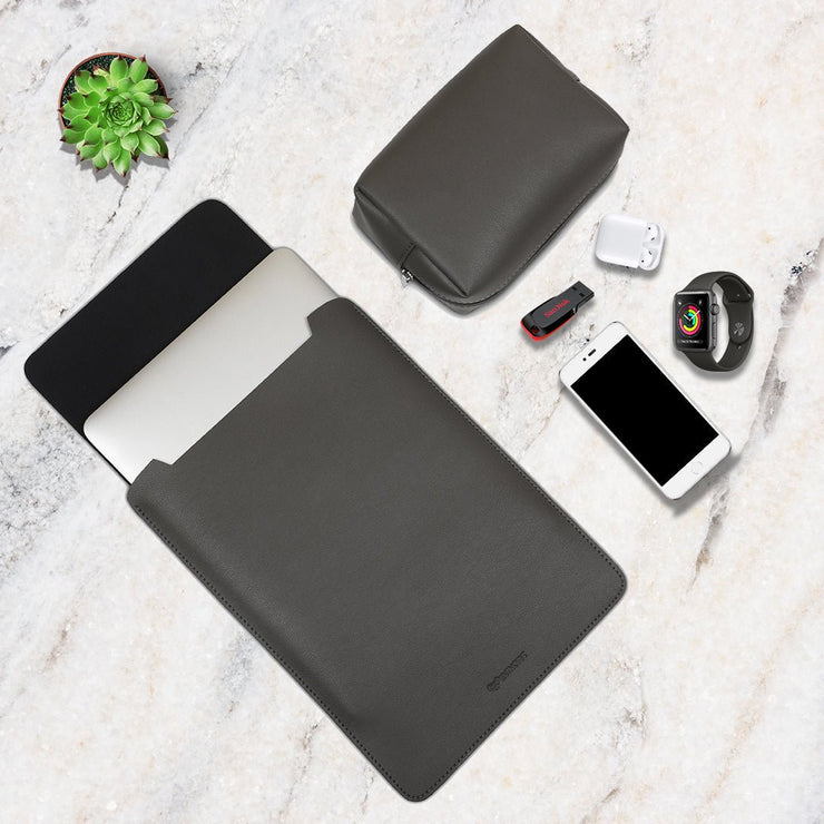 14" Vegan Leather Laptop Sleeve With Pouch (Dark Grey) - Enthopia