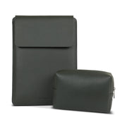 14" Vegan Leather Laptop Sleeve With Pouch (Dark Olive Green) - Enthopia