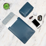 14" Vegan Leather Laptop Sleeve With Pouch (Deep Sea Blue) - Enthopia