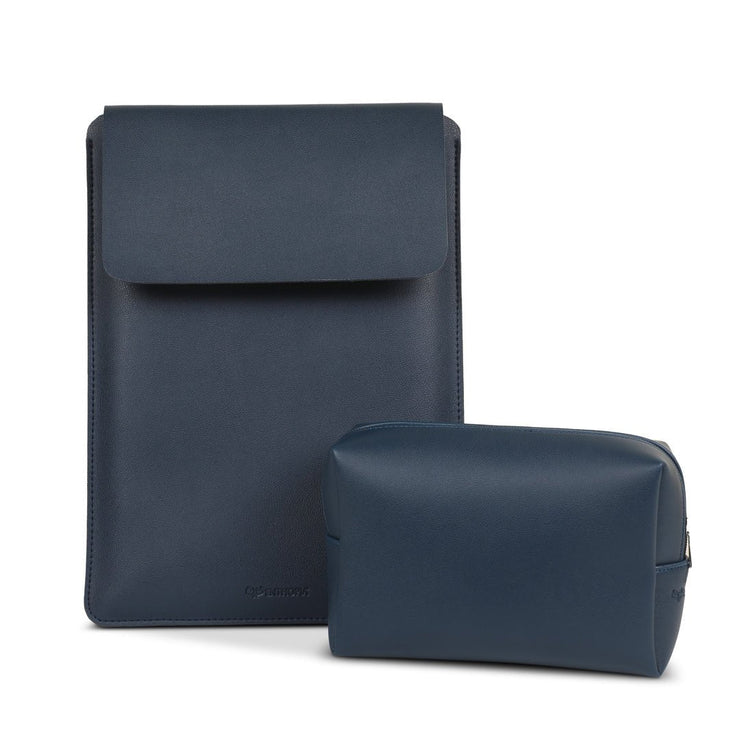 14" Vegan Leather Laptop Sleeve With Pouch (Navy Blue) - Enthopia