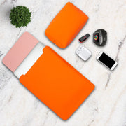 14" Vegan Leather Laptop Sleeve With Pouch (Neon Orange) - Enthopia