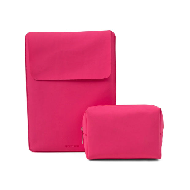 14" Vegan Leather Laptop Sleeve With Pouch (Neon Pink) - Enthopia