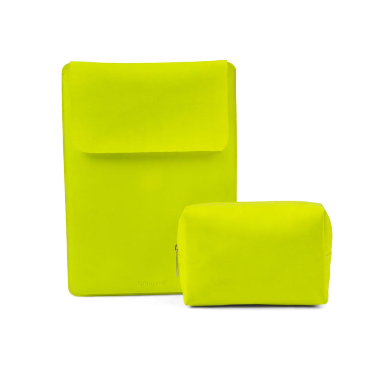 14" Vegan Leather Laptop Sleeve With Pouch (Neon Yellow) - Enthopia