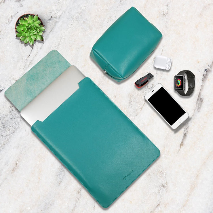 14" Vegan Leather Laptop Sleeve With Pouch (Teal) - Enthopia