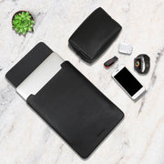 15" Vegan Leather Laptop Sleeve With Pouch (Black) - Enthopia