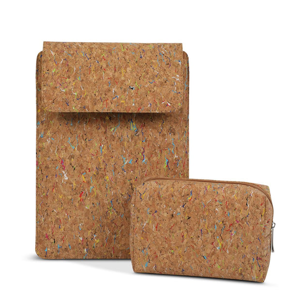15" Vegan Leather Laptop Sleeve With Pouch (Colourful Cork) - Enthopia