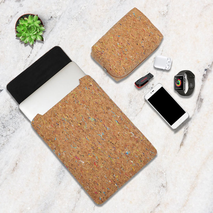 15" Vegan Leather Laptop Sleeve With Pouch (Colourful Cork) - Enthopia