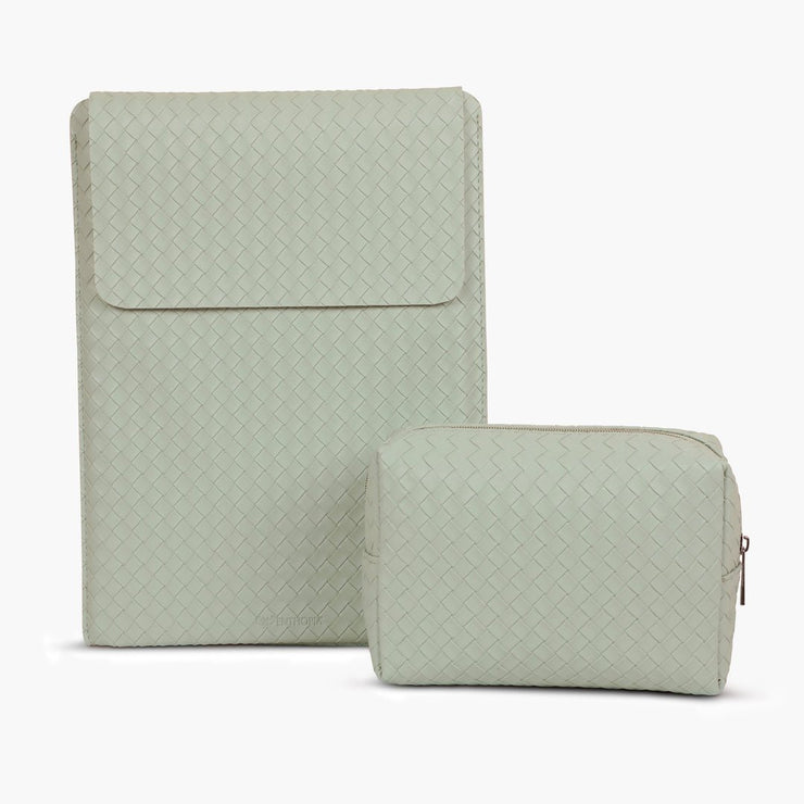 15" Vegan Leather Laptop Sleeve With Pouch (Criss - Cross Mint) - Enthopia