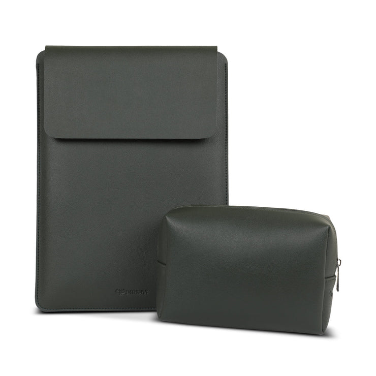 16" Vegan Leather Laptop Sleeve With Pouch (Dark Olive Green) - Enthopia