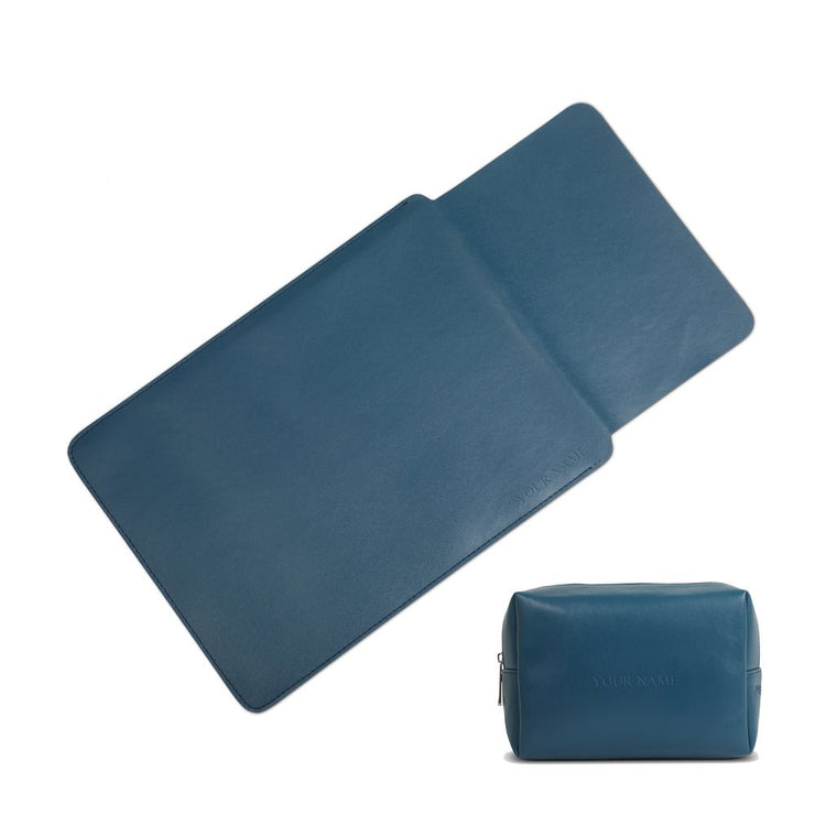16" Vegan Leather Laptop Sleeve With Pouch (Deep Sea Blue) - Enthopia