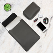 13" Vegan Leather Laptop Sleeve With Pouch (Dark Grey) - Enthopia