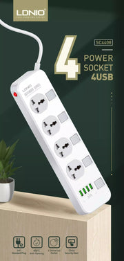 Ldnio 2500W Extension Board with USB Slots, Individual Switch & Safety Shutter, 4 USB Ports(3.4A) 4 Way Outlets Power Strips with Universal Sockets and 2m Extension Cord (3-PIN, White) - Enthopia