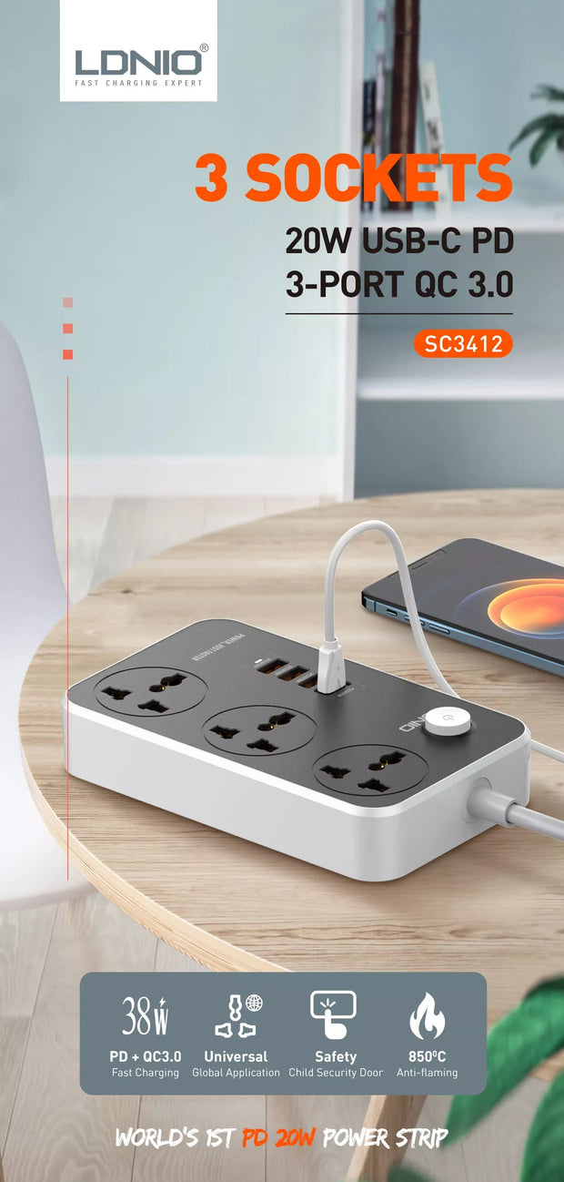Ldnio 2500W Power Strip Extension with 38W QC Type C USB Ports | 3 Power Sockets with 20W Type C USB PD QC 3.0 18W Fast USB Port | Multi Port Extension with USB Port | 2M Power Cord - Enthopia