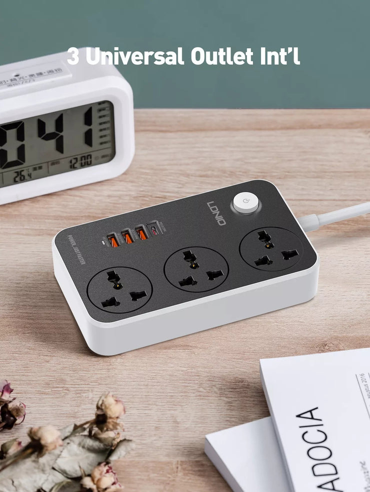Ldnio 2500W Power Strip Extension with 38W QC Type C USB Ports | 3 Power Sockets with 20W Type C USB PD QC 3.0 18W Fast USB Port | Multi Port Extension with USB Port | 2M Power Cord - Enthopia