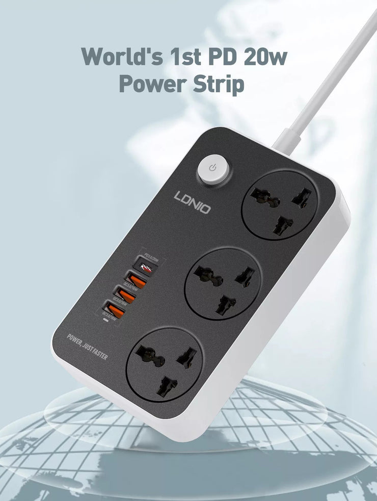 Ldnio 2500W Power Strip Extension with 38W QC Type C USB Ports | 3 Power Sockets with 20W Type C USB PD QC 3.0 18W Fast USB Port | Multi Port Extension with USB Port | 2M Power Cord - Enthopia