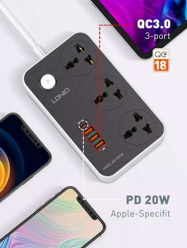 Ldnio 2500W Power Strip Extension with 38W QC Type C USB Ports | 3 Power Sockets with 20W Type C USB PD QC 3.0 18W Fast USB Port | Multi Port Extension with USB Port | 2M Power Cord - Enthopia