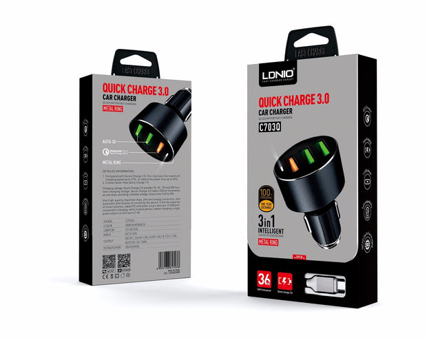 LDNIO C703Q 3 IN 1 INTELLIGENT QUICK CHARGE 3.0 CAR CHARGER - Enthopia