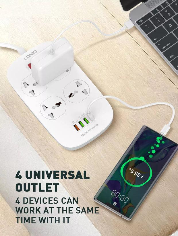 Ldnio Smart 2500W 10A Extension with 4 Power Sockets and 18W USB Ports | Defender Series Power Strip with QC USB Port Fast Charging | 2M Power Cord - Enthopia