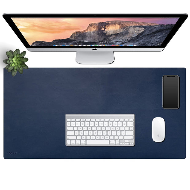Vegan Leather Desk Mat - Tan and Navy Blue - 2-in-1 - Enthopia